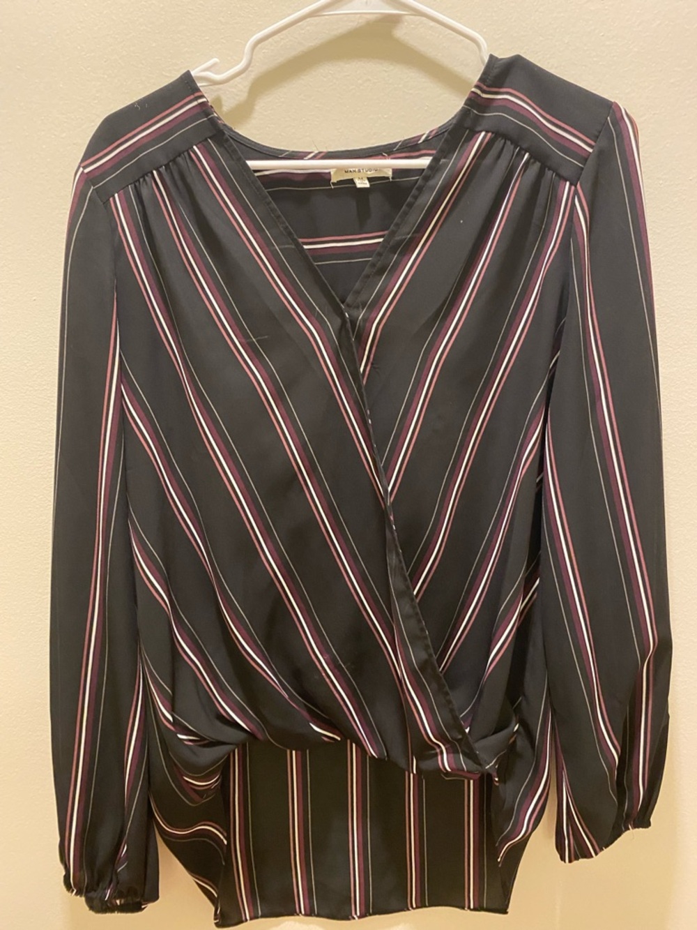 ‼️2 for $15‼️ Max Studio Black Striped Wrap Blouse with Pink and White Accents